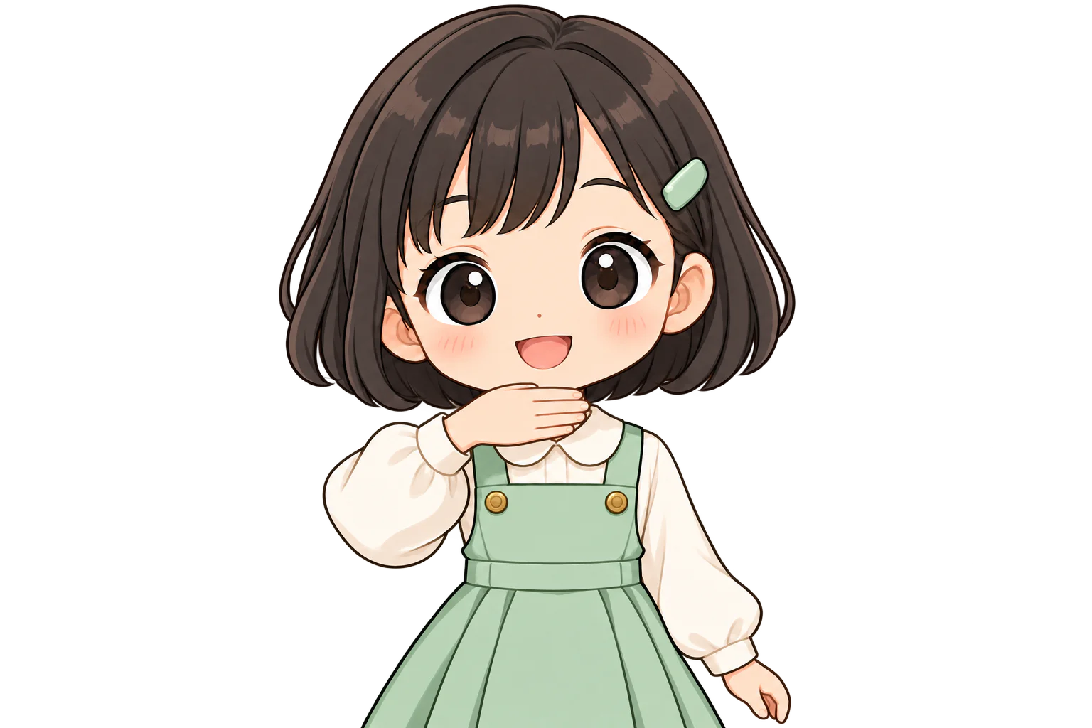 開いた右手を、甲を前に向けてあごの下に当てる女の子（鏡のように左右反転して表示）