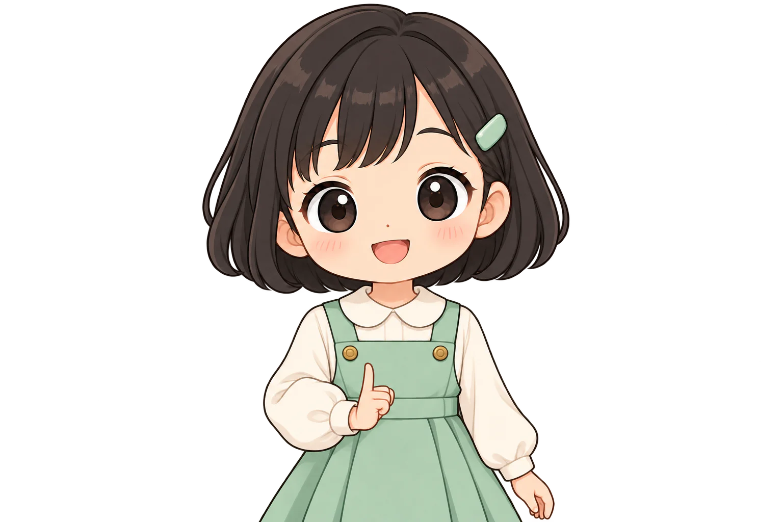 小指を立てた右手を、おなかの前に置く女の子（鏡のように左右反転して表示）