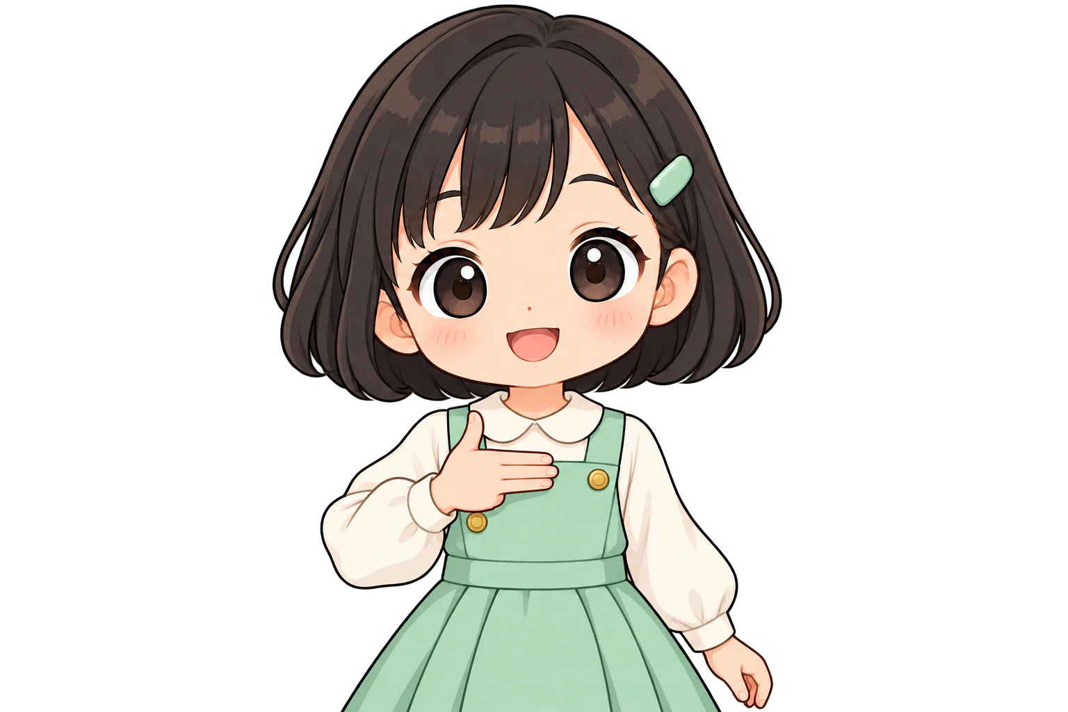 A girl with the back of her right hand forward, thumb up and three fingers pointing sideways (shown in mirror view)