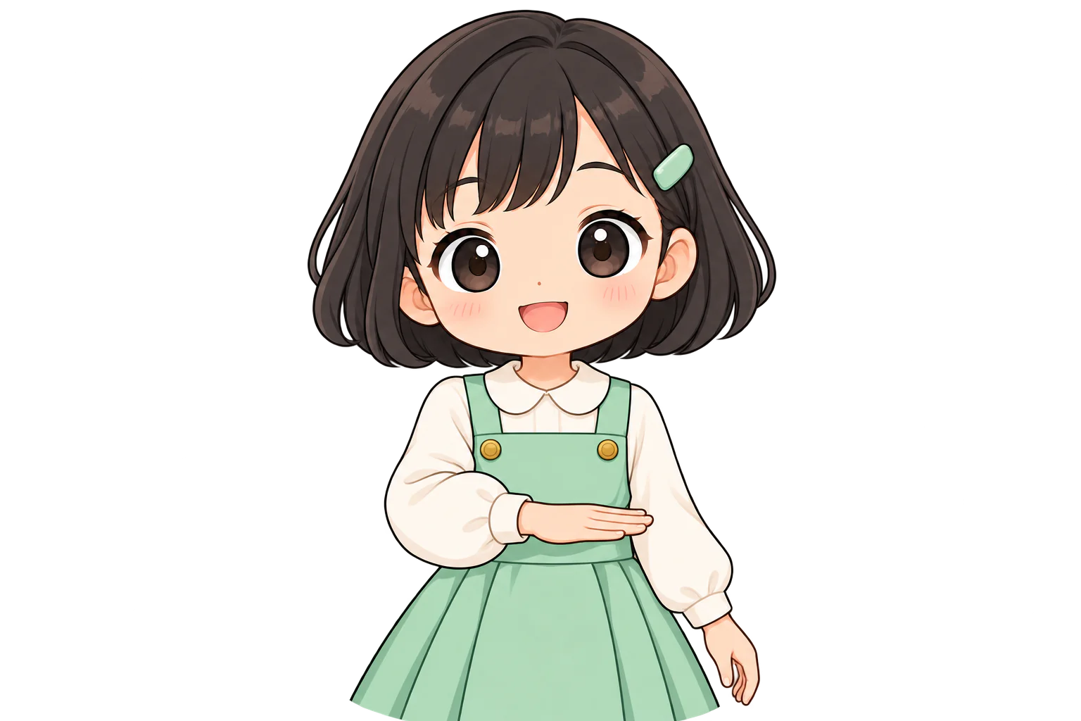 A girl holding her right hand palm down on her left side (shown in mirror view)