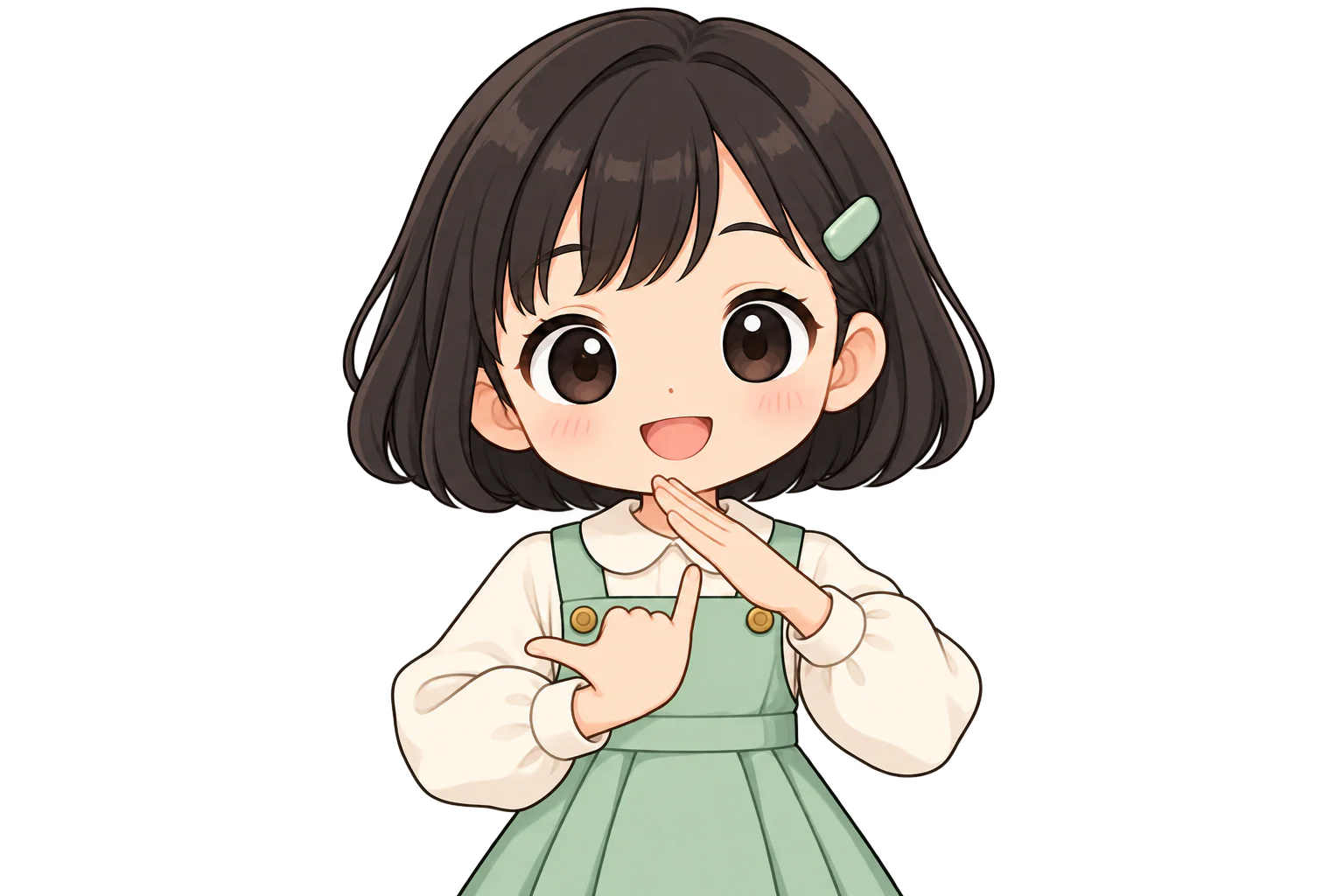 斜めに構えた左手の下で、右手の親指と小指を立てる女の子（鏡のように左右反転して表示）