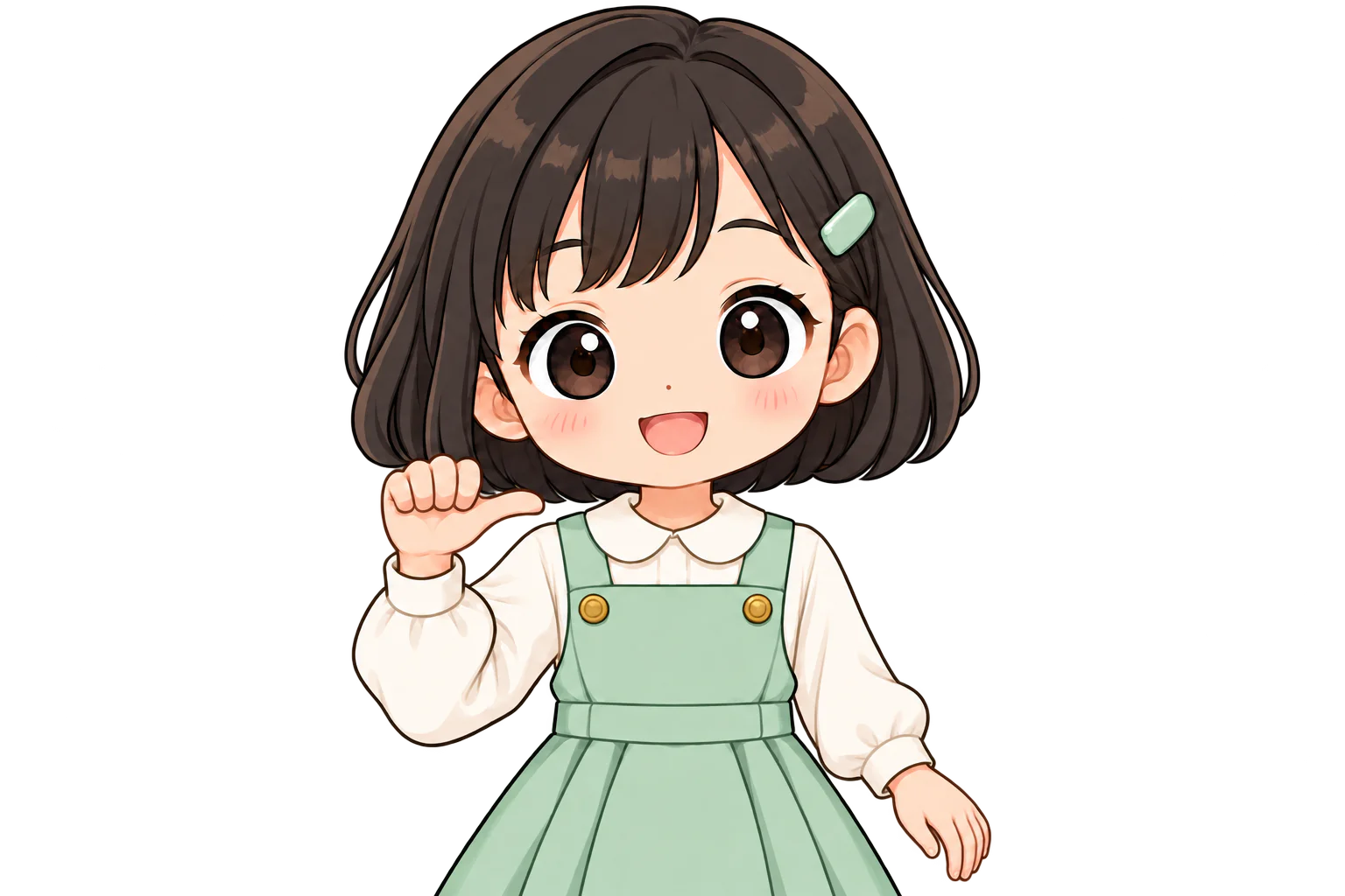 右手のこぶしから親指だけを横に伸ばす女の子（鏡のように左右反転して表示）