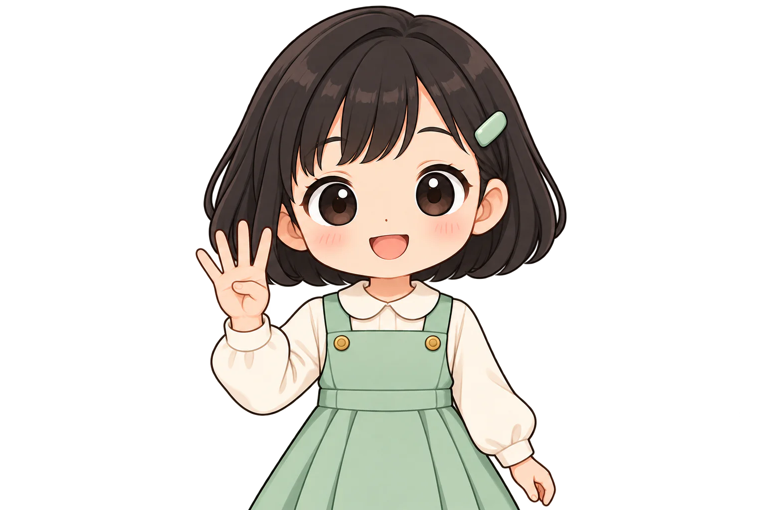 右手の親指を折って4本の指を立て、手のひらを前に向ける女の子（鏡のように左右反転して表示）