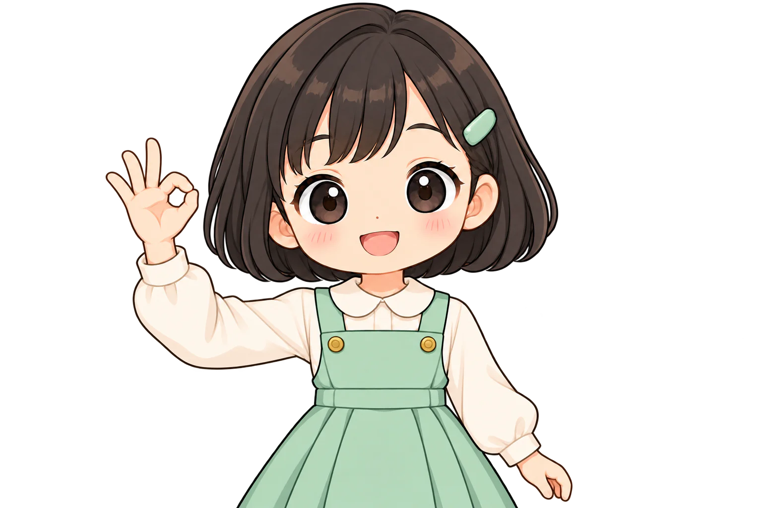 右手の親指と人差し指で輪を作り、顔の横に上げる女の子（鏡のように左右反転して表示）