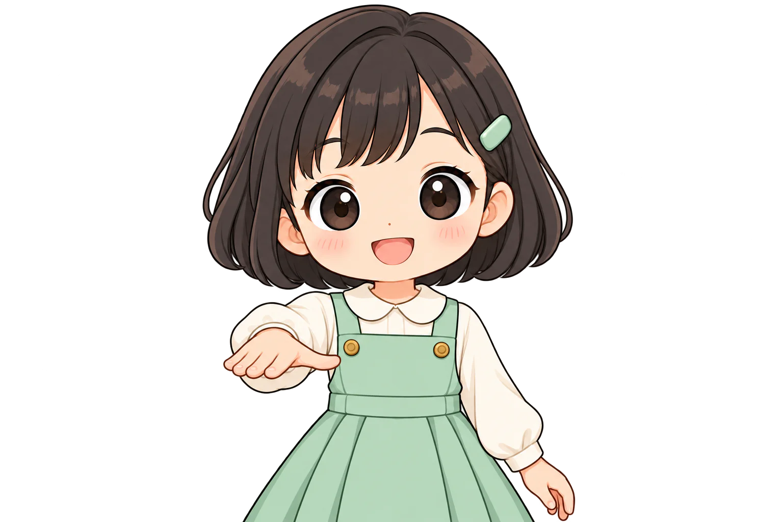 開いた右手を、体の右斜め前に出す女の子（鏡のように左右反転して表示）