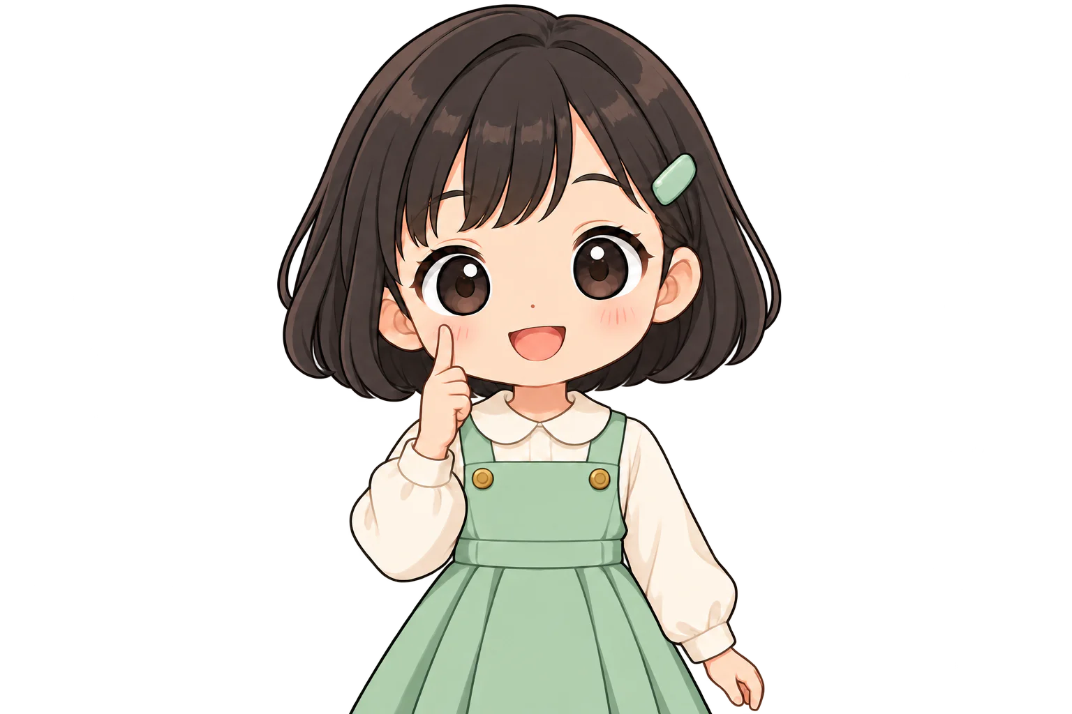右手の人差し指を、右のほおに当てる女の子（鏡のように左右反転して表示）
