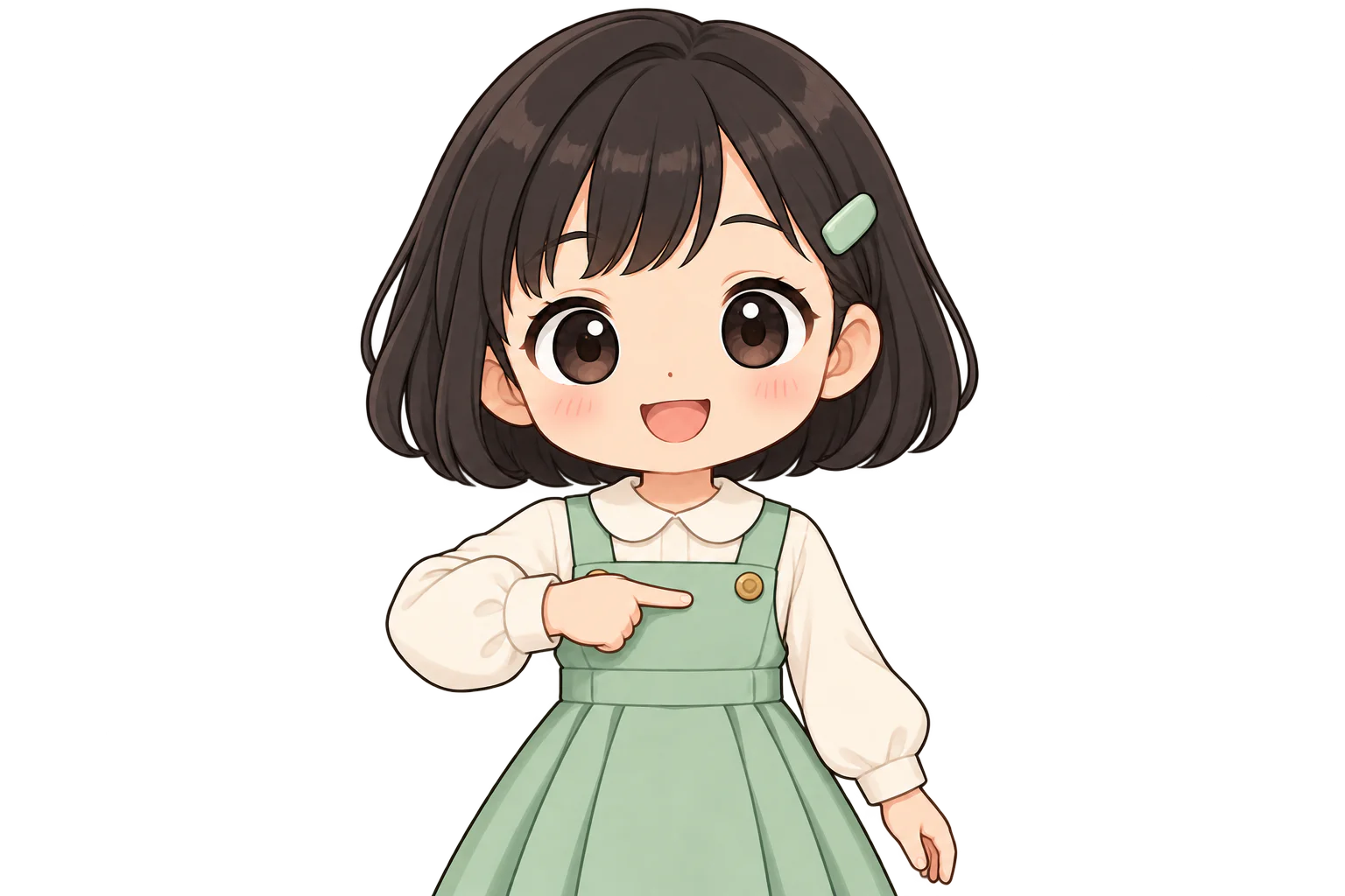右手の人差し指で、自分の胸を指す女の子（鏡のように左右反転して表示）