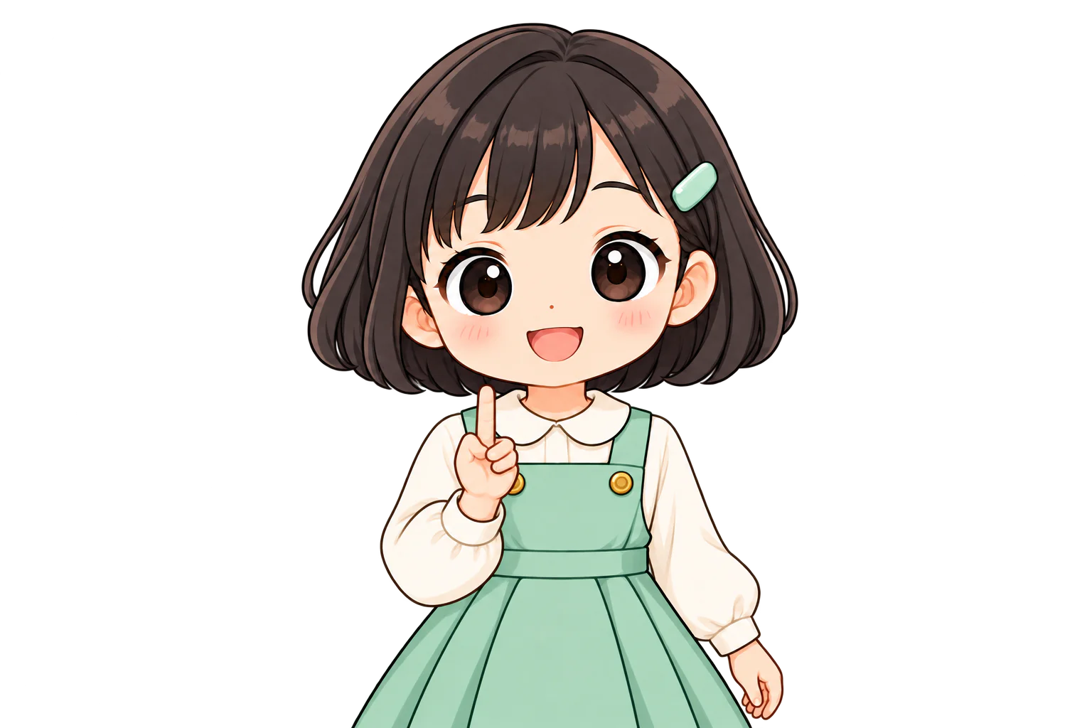 右手の中指だけを立てて、胸の前に出す女の子（鏡のように左右反転して表示）