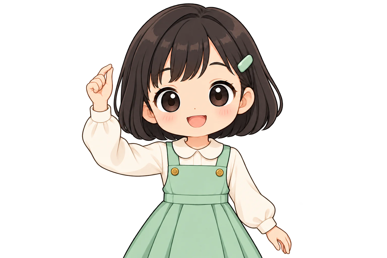 右手の親指と人差し指の先を合わせて、顔の横に上げる女の子（鏡のように左右反転して表示）