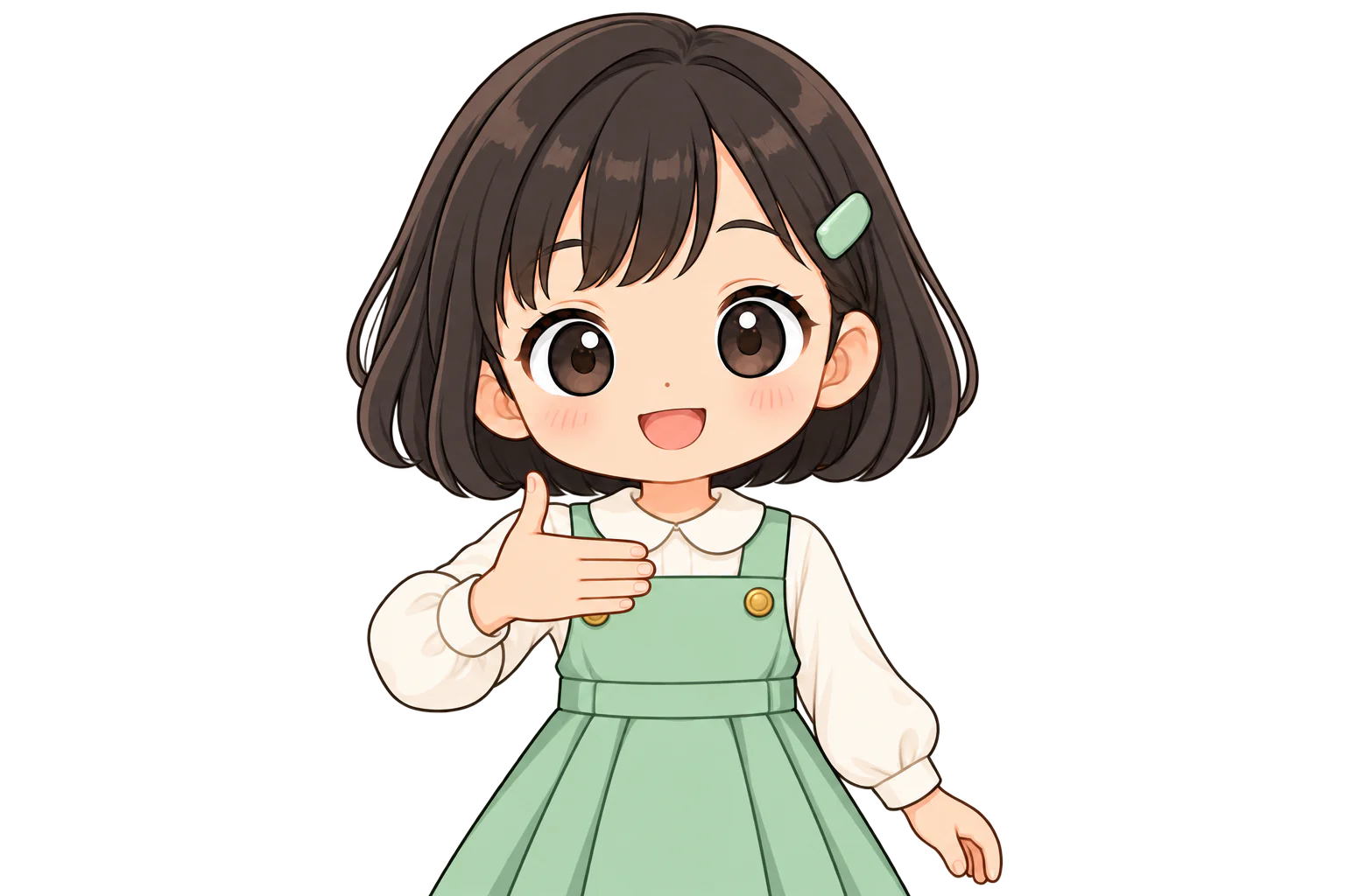 右手の甲を前に向けて、親指を上に、4本の指を横に伸ばす女の子（鏡のように左右反転して表示）