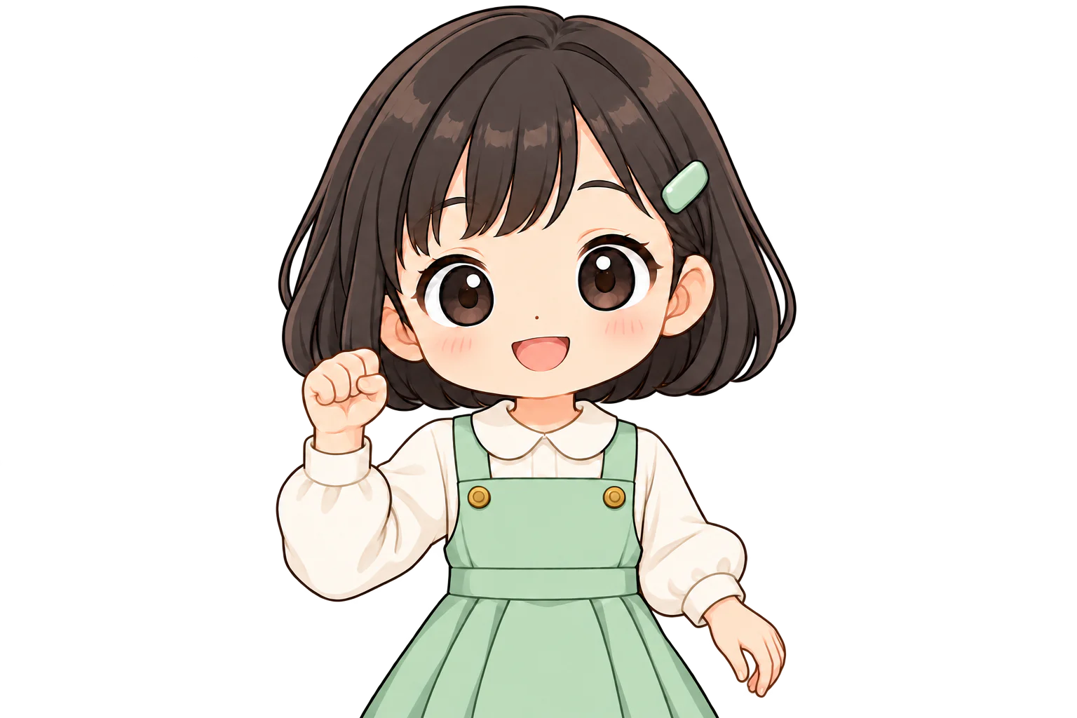 右手をにぎって、こぶしを右肩の上に上げる女の子（鏡のように左右反転して表示）