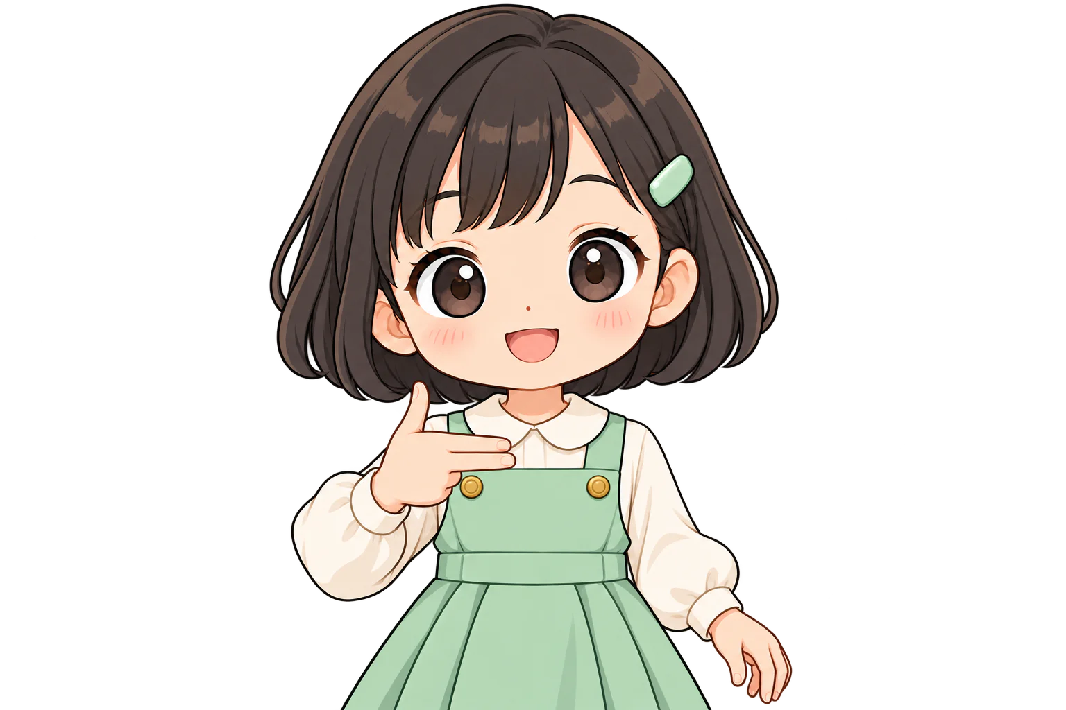 右手の甲を前に向けて、親指を上に、人差し指と中指を横に伸ばす女の子（鏡のように左右反転して表示）