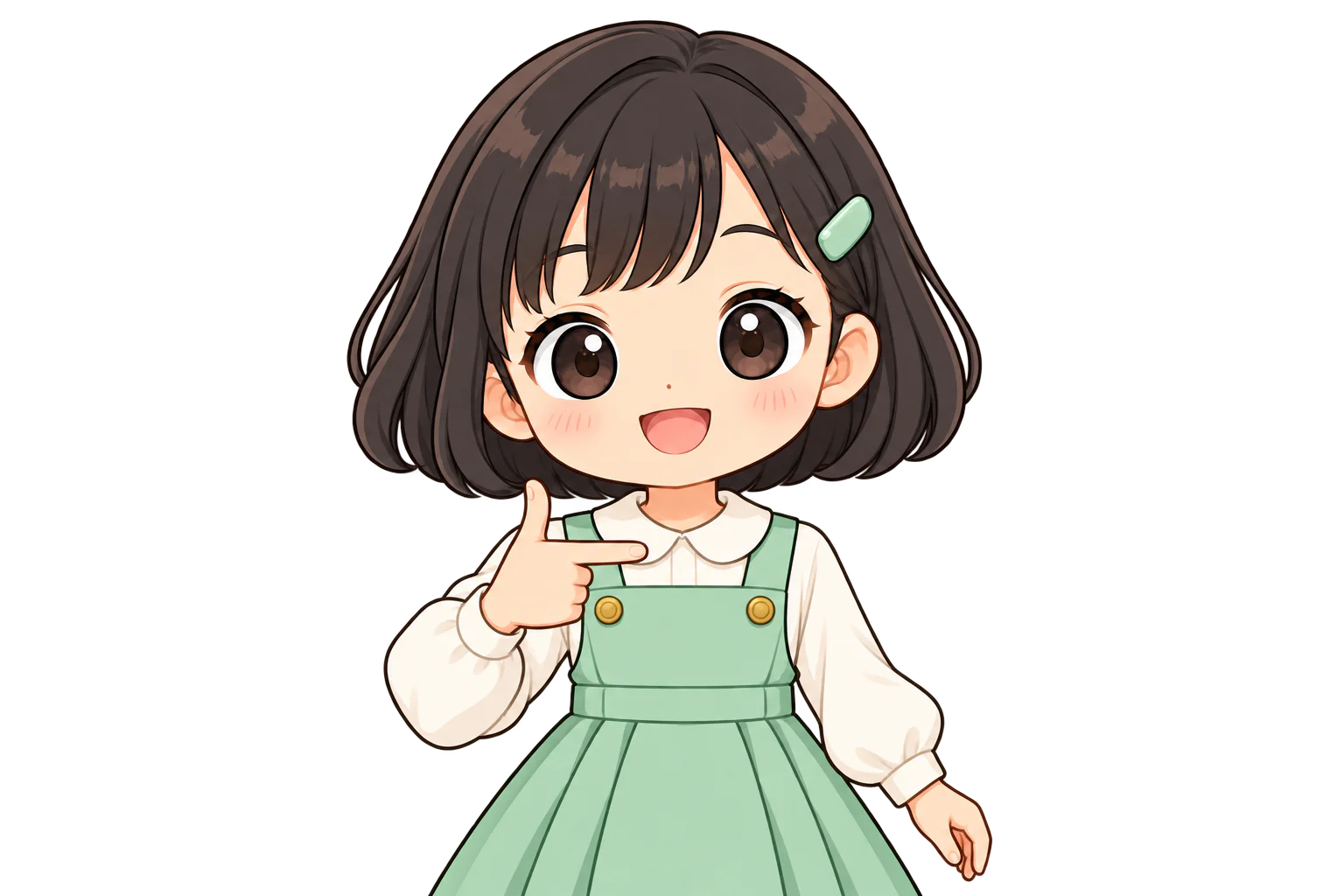 右手の甲を前に向けて、親指を上に、人差し指を横に伸ばす女の子（鏡のように左右反転して表示）