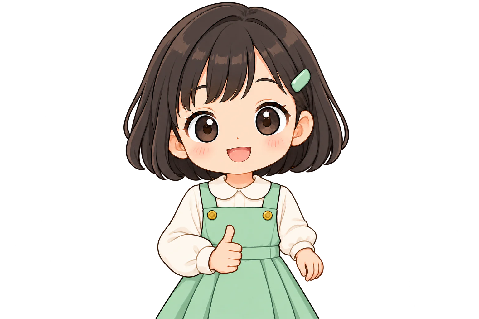親指を立てた右手を、おなかの前に置く女の子（鏡のように左右反転して表示）