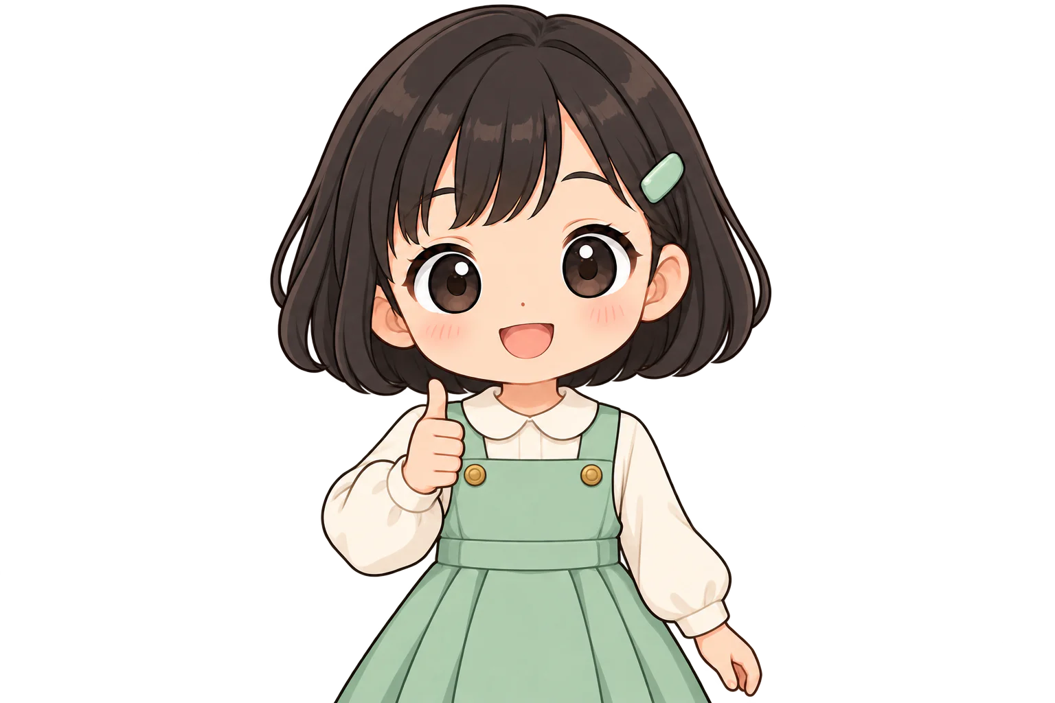 右手をにぎって親指を立て、胸の前に出す女の子（鏡のように左右反転して表示）
