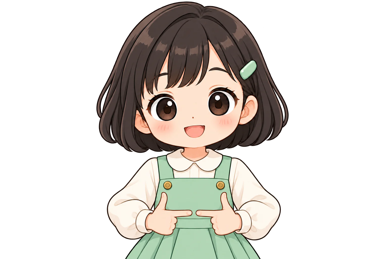 両手の親指と人差し指を伸ばして、おなかの前で人差し指を向かい合わせる女の子（鏡のように左右反転して表示）