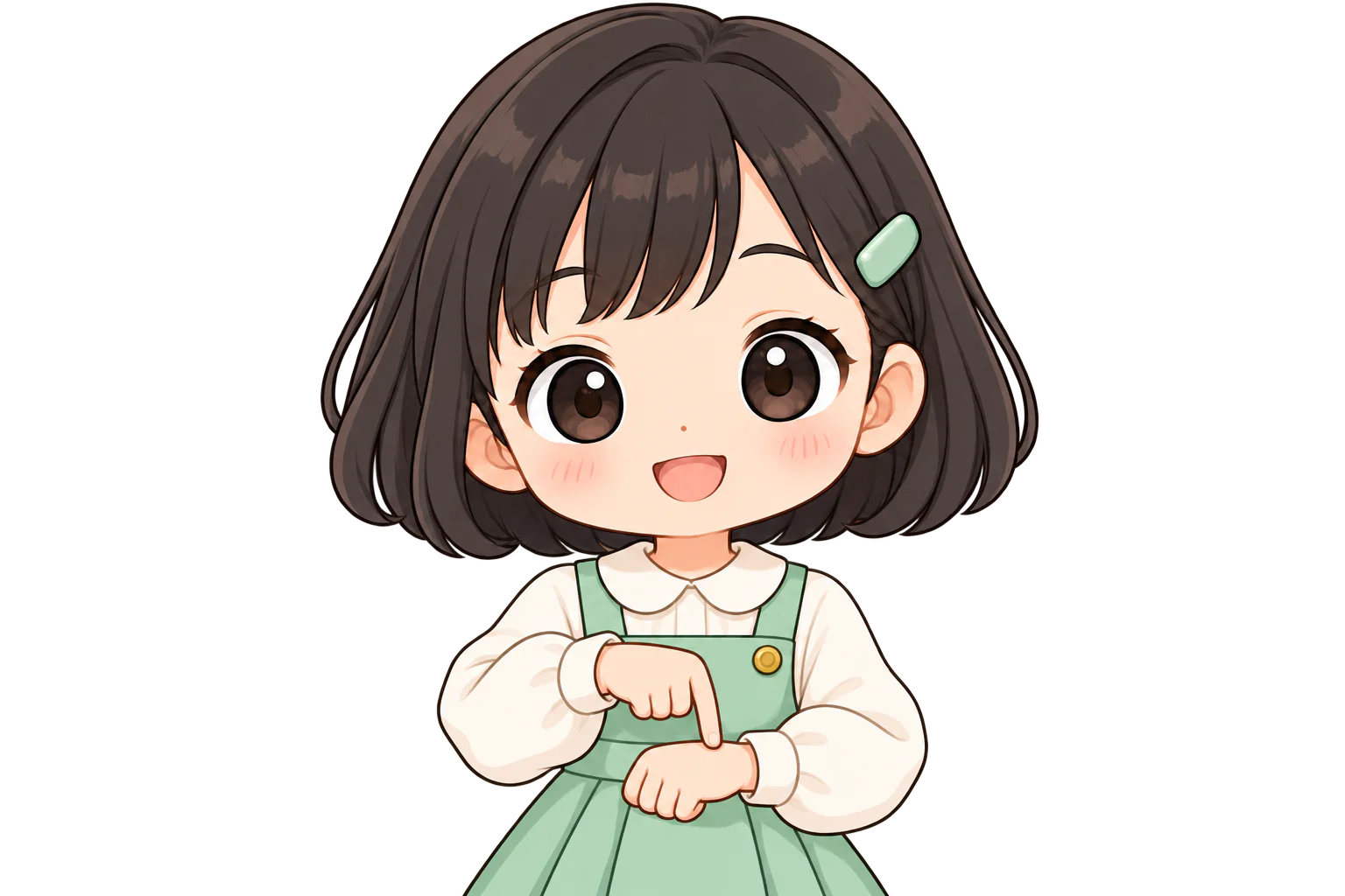 右手の人差し指で、左手首を指す女の子（鏡のように左右反転して表示）