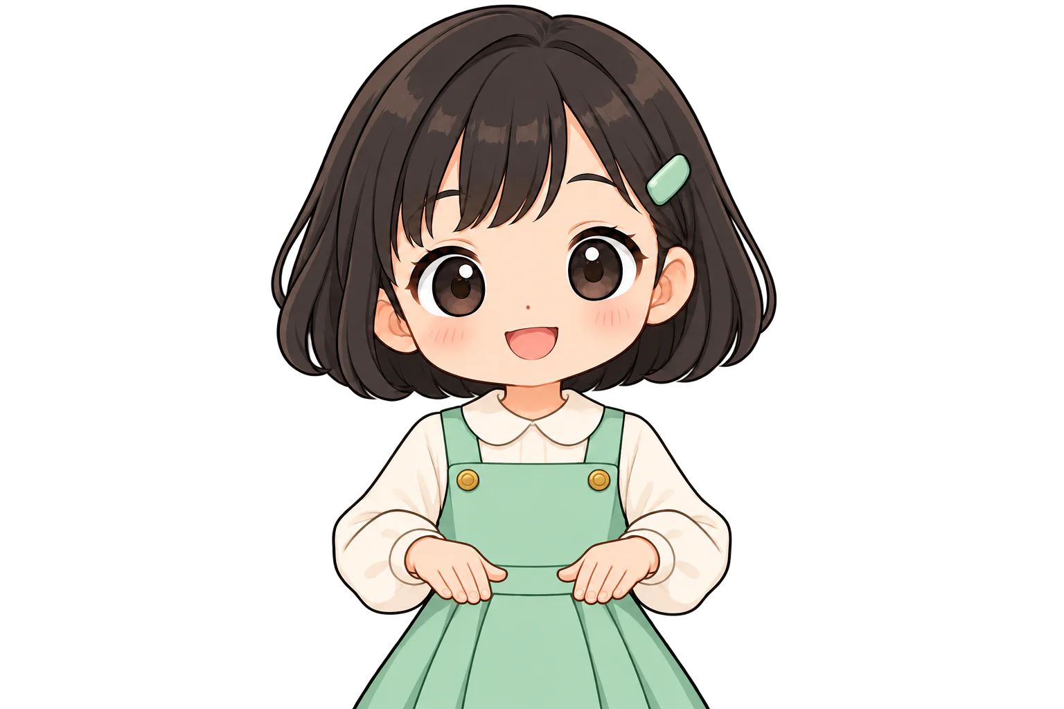 両手のひらを下に向けて、おなかの前にそろえる女の子（鏡のように左右反転して表示）