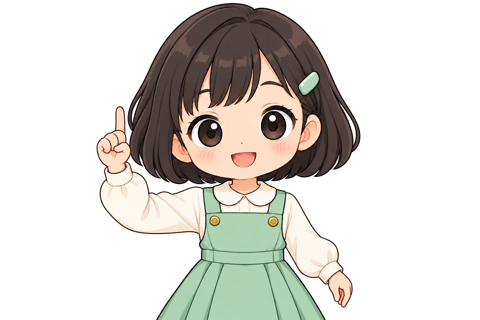 右手の人差し指を立てて、顔の横に上げる女の子（鏡のように左右反転して表示）