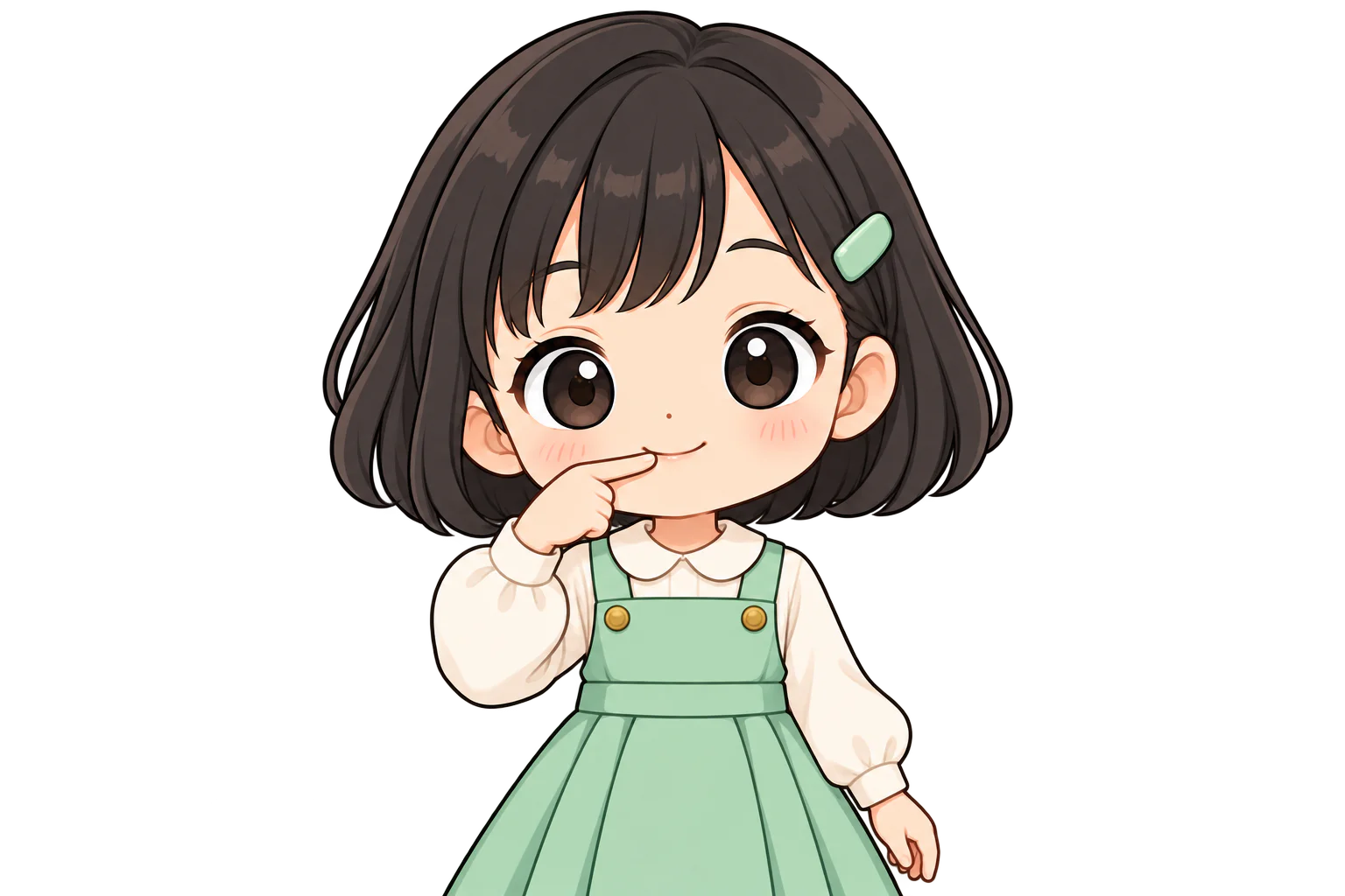 右手の人差し指を、下唇に当てる女の子（鏡のように左右反転して表示）