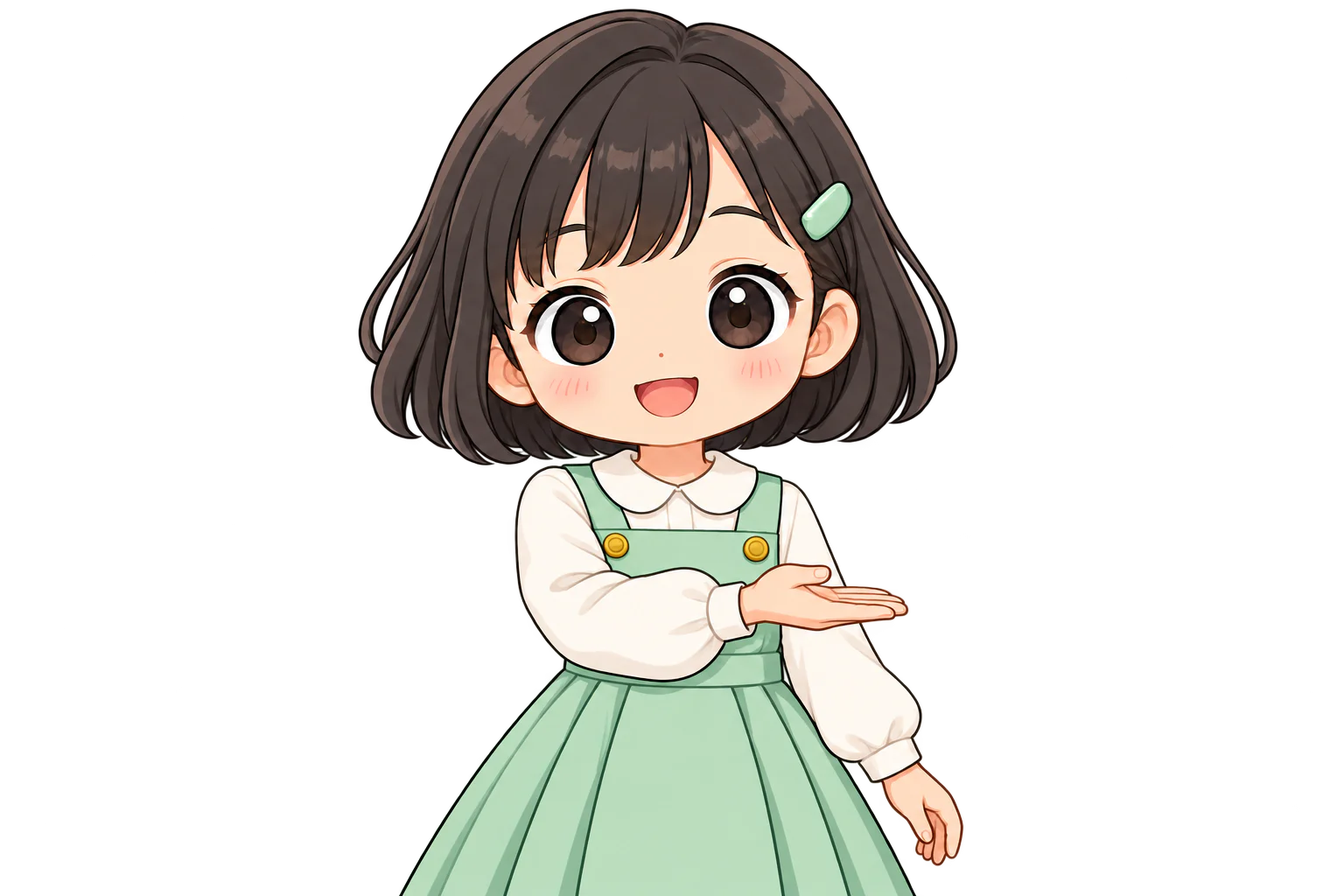 右手のひらを上に向けて、胸の前の左寄りに出す女の子（鏡のように左右反転して表示）