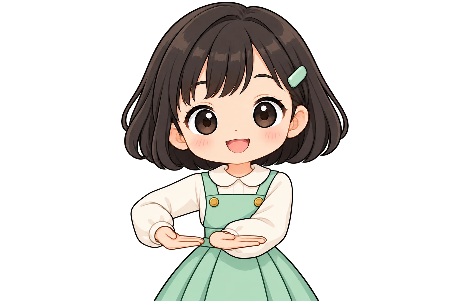両手のひらを上に向けて、体の右側にそろえて出す女の子（鏡のように左右反転して表示）