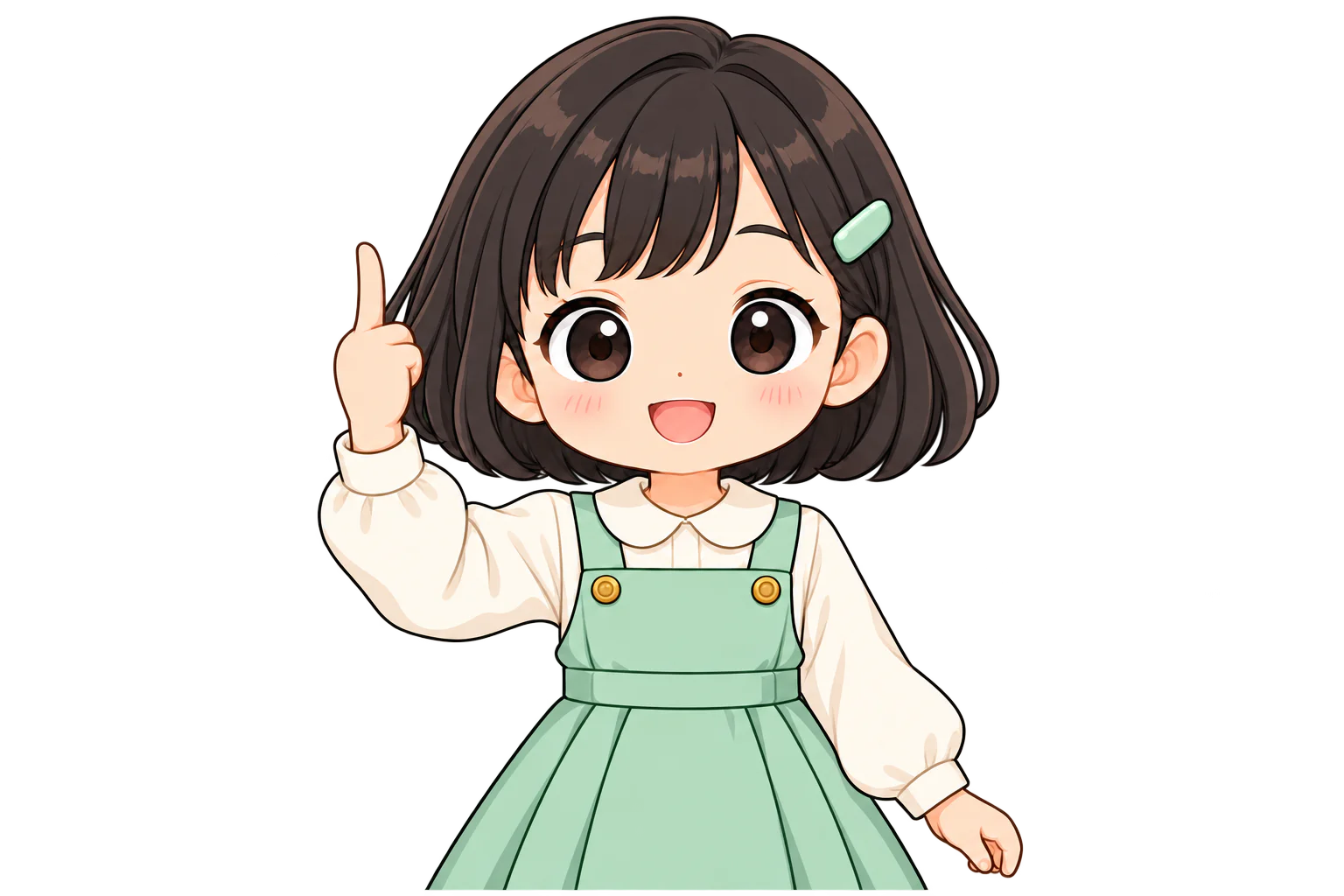 右手の甲を前に向けて人差し指を立て、顔の横に上げる女の子（鏡のように左右反転して表示）