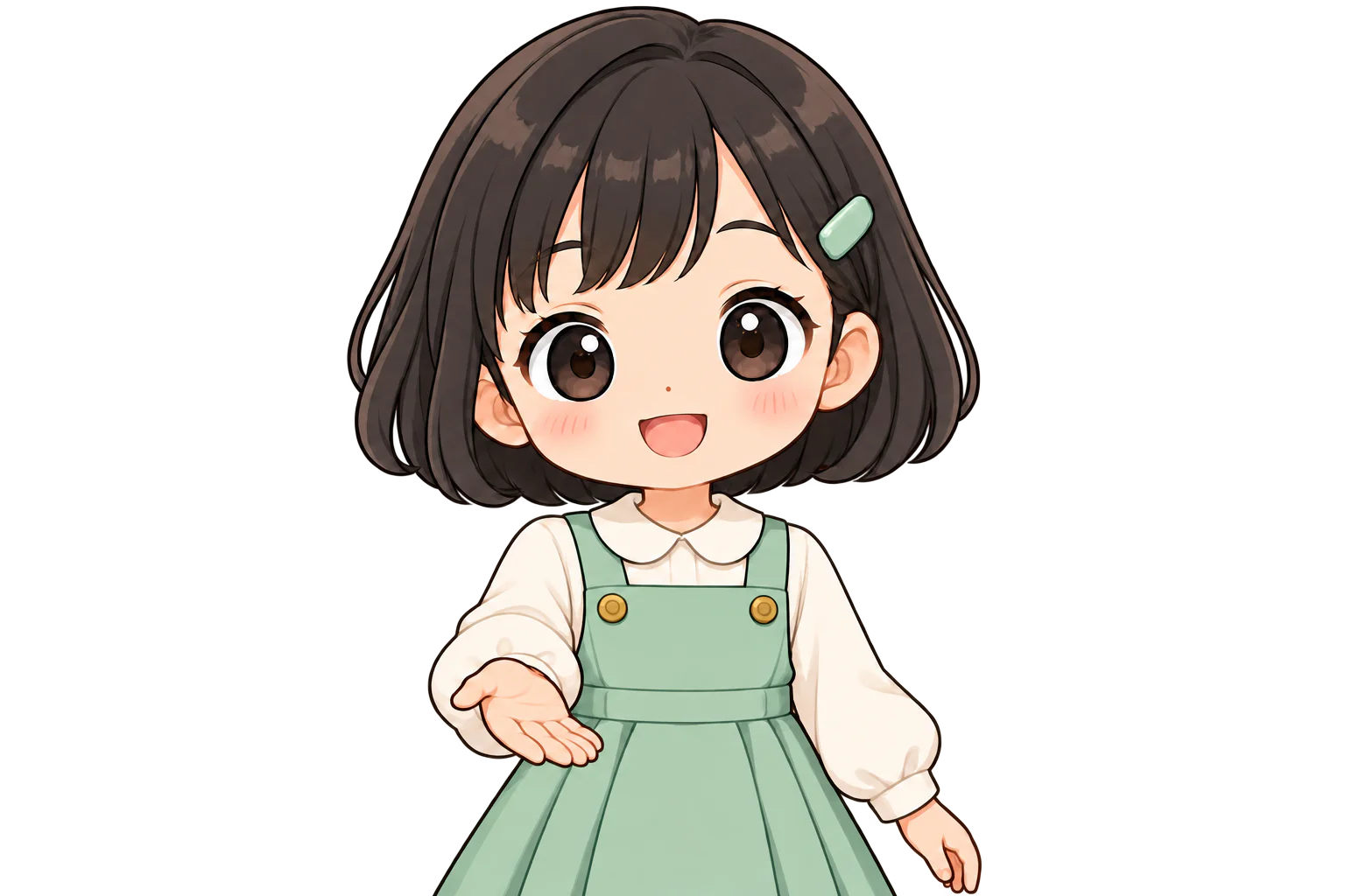 開いた右手を、手のひらを上にして前に差し出す女の子（鏡のように左右反転して表示）